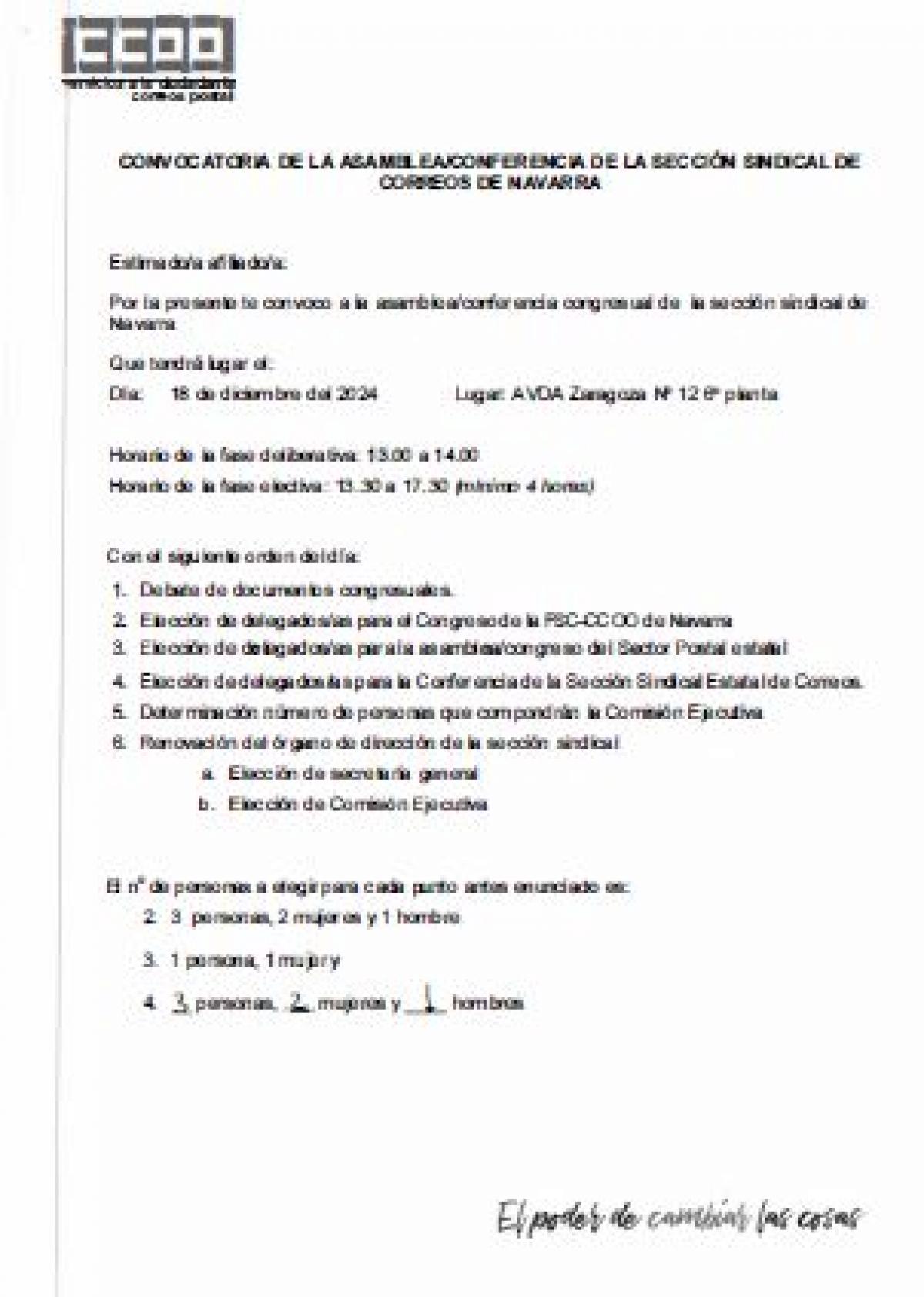 ASAMBLEA/CONFERENCIA SECCIN SINDICAL CCOO-CORREOS NAVARRA