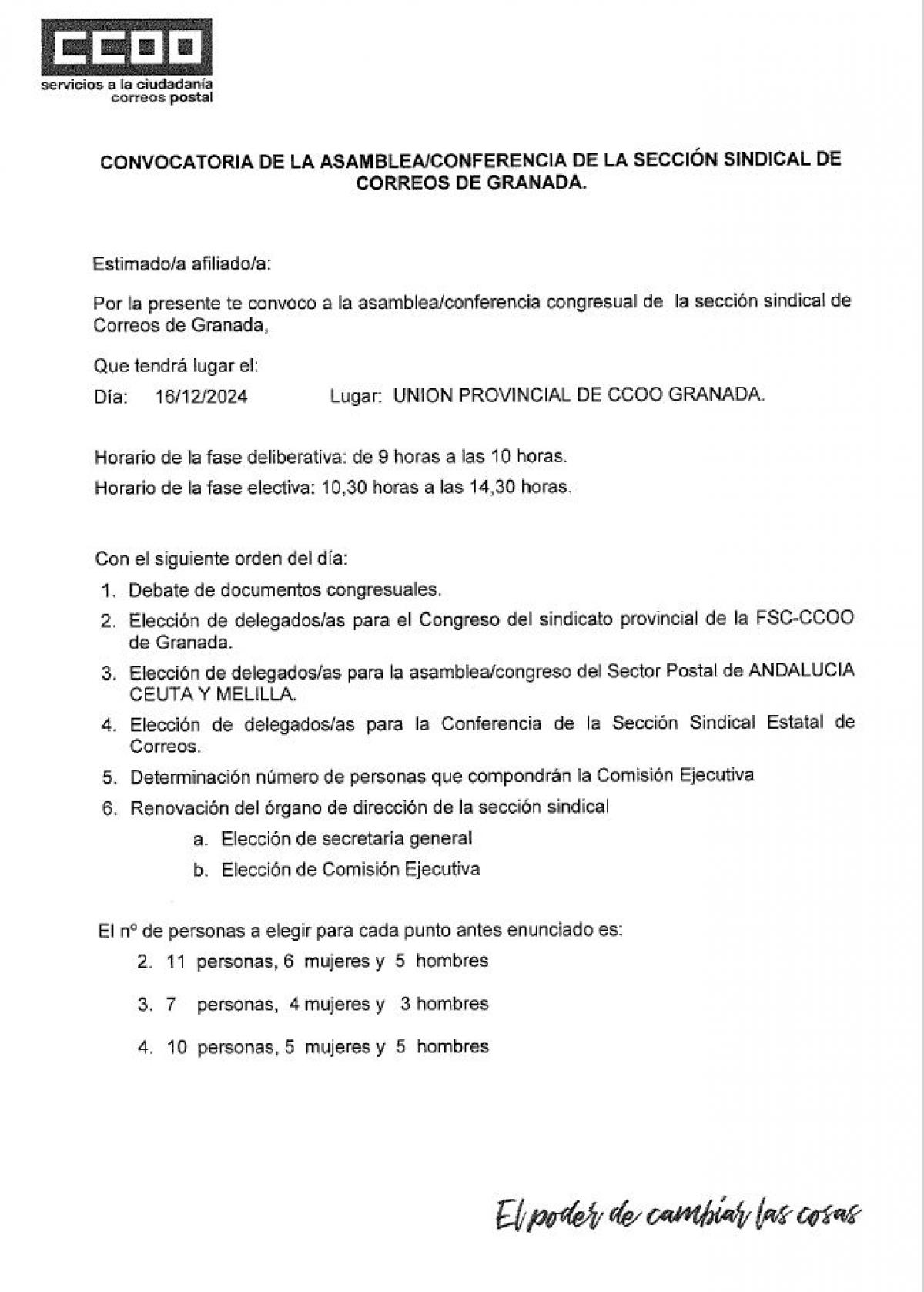 ASAMBLEA/CONFERENCIA SECCIN SINDICAL CCOO-CORREOS GRANADA